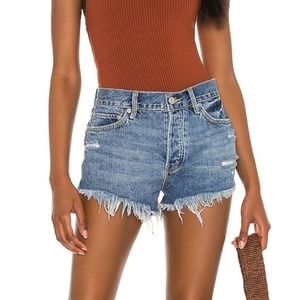 We The Free x Free People Loving Good Vibrations Raw Hem Shorts in Mid Indigo